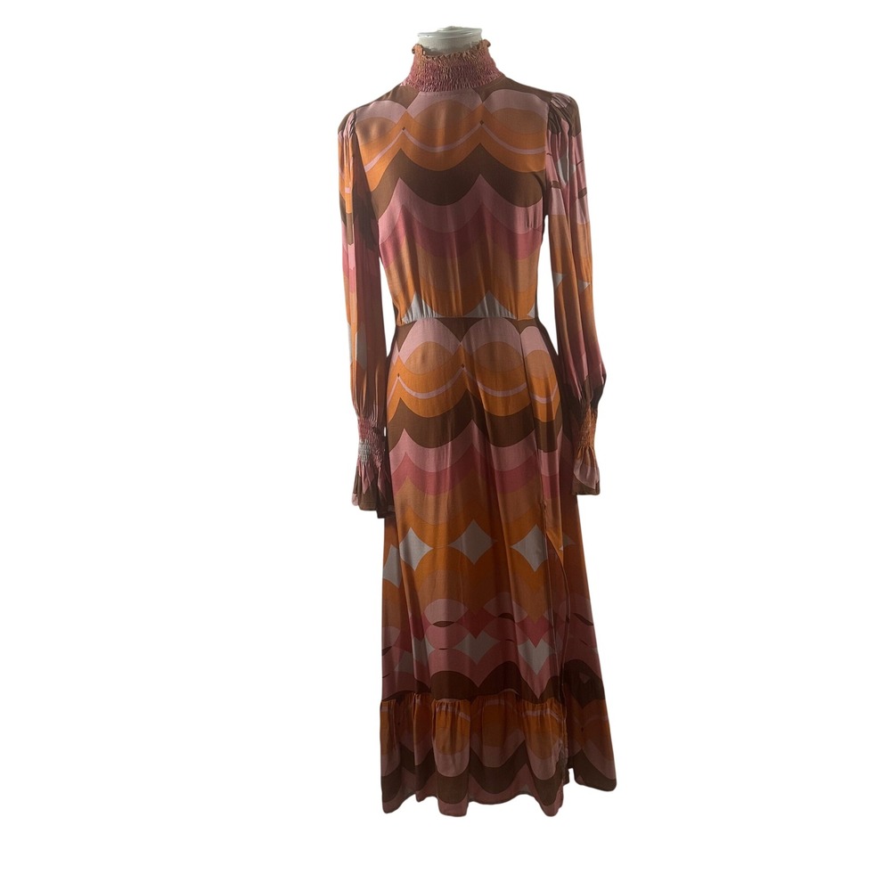 Olivaceous Retro Geometric Print Smocked Maxi Dress Orange Pink Brown Medium